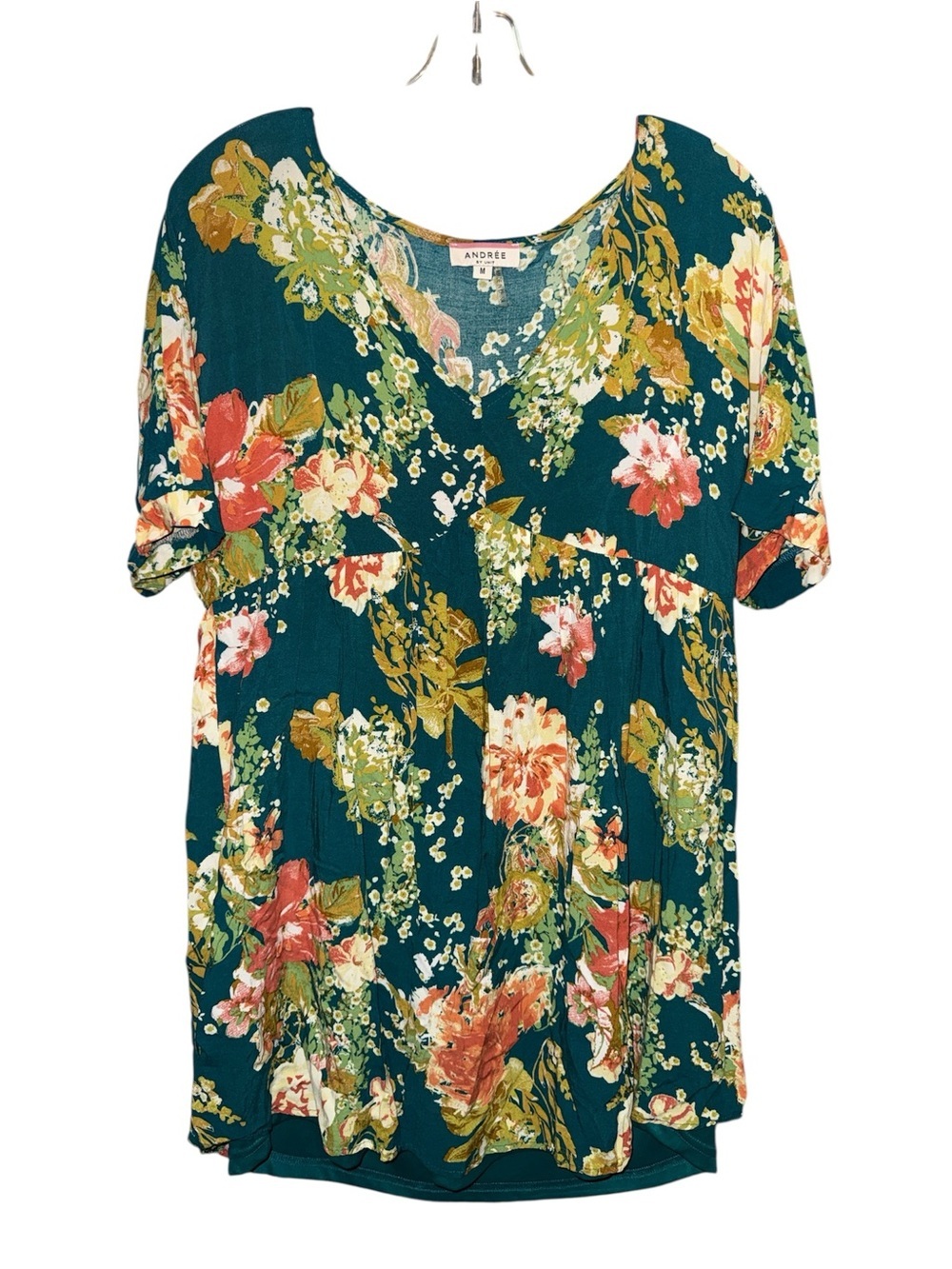 Andrée By Unit Teal Floral Boho Babydoll Tunic Dress Medium Cottagecore Feminine - Picture 2 of 6